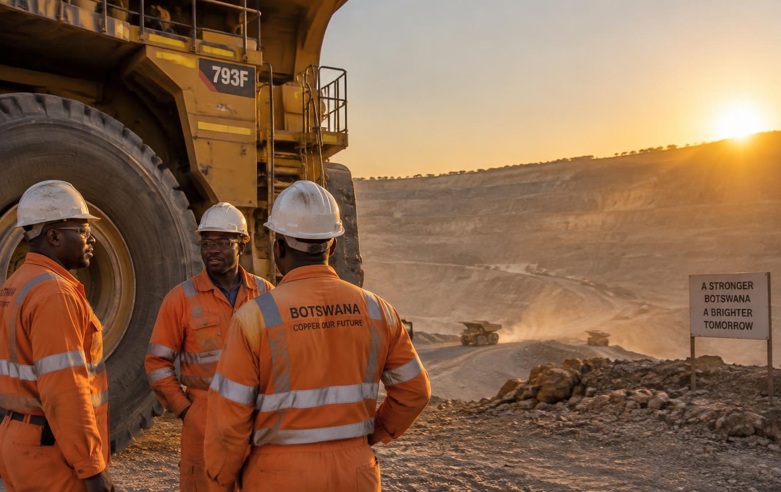 Mine crew beside a haul truck at an open pit in Botswana